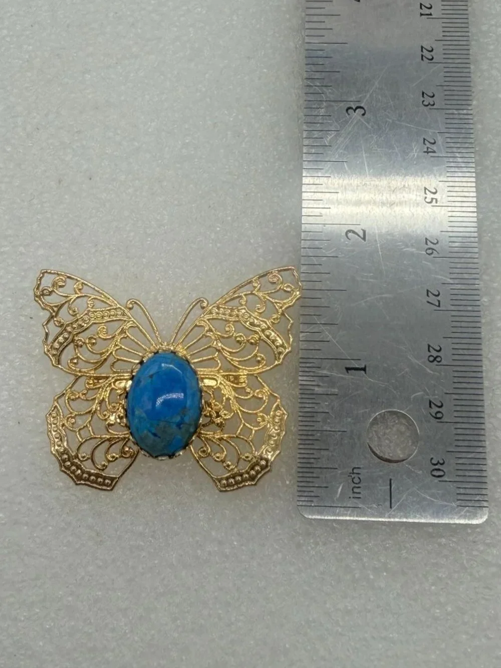Vintage Gold Tone Filigree Butterfly Brooch Pin with Turquoise Colored Center
